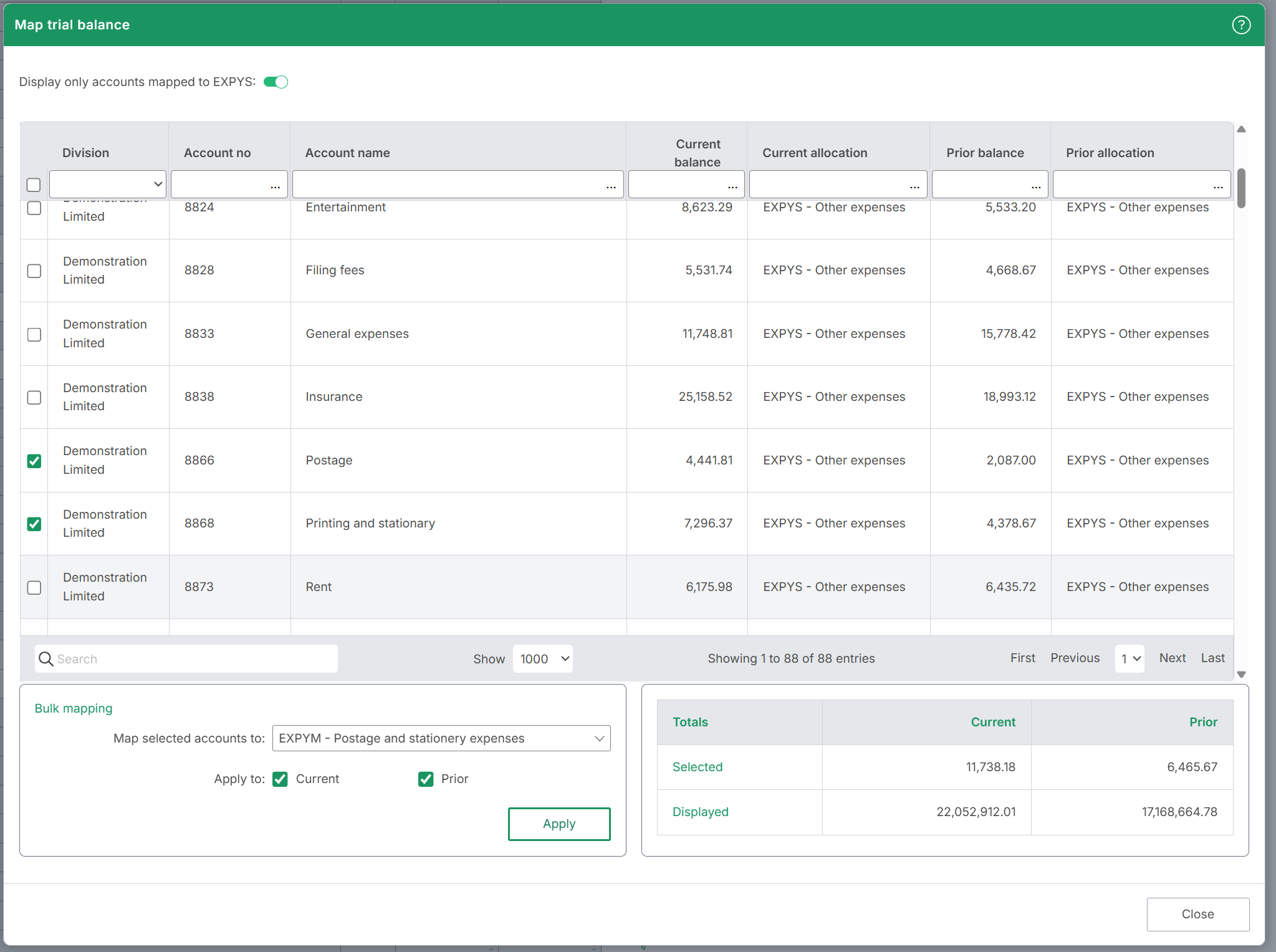 Image shows the Map trial balance window with 2 balances ticked